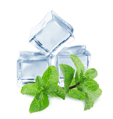 Ice cubes and green mint leaves on white background