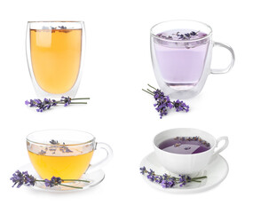 Set with lavender tea on white background