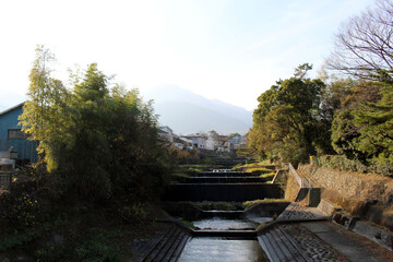 River channel around Beppu neighborhood during spring season.
