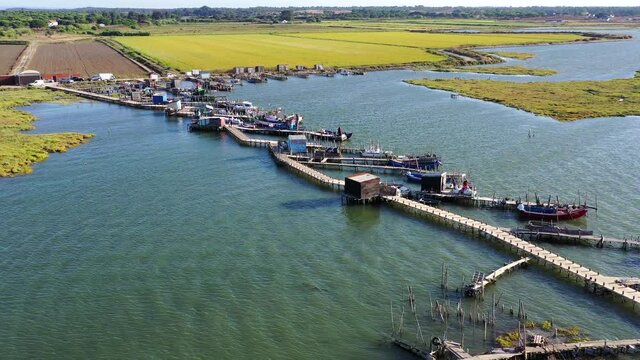 Aerial View of Carrasqueira Stilt Pier and Fishing Boats in Portugal