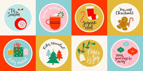 Christmas Icon Set Featuring Christmas Trees, Stockings, Candy Canes, Bells, Holly, Ornaments, Gifts and Gingerbread Men with holiday messages in English, Spanish French and Portuguese