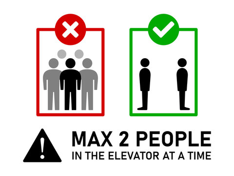 Max 2 People in the Elevator at a Time Horizontal Social Distancing Instruction Sign with an Aspect Ratio 4:3. Vector Image.
