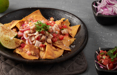 Raw fish Ceviche with nachos, onion, tomatoes, cilantro served in a clay dish