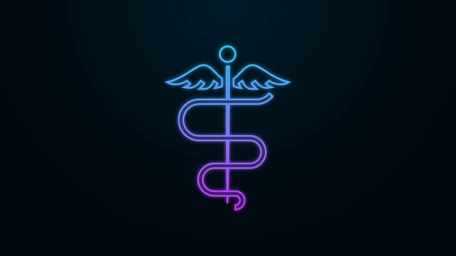 Glowing neon line Caduceus snake medical symbol icon isolated on black background. Medicine and health care. Emblem for drugstore or medicine, pharmacy. 4K Video motion graphic animation