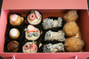 Pink bakery box assorted desserts pastries