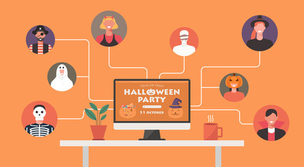 Online Halloween party concept on computer screen, people in horror costumes connecting together with video conference to celebrate festival, vector flat illustration