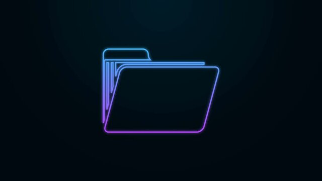 Glowing neon line Document folder icon isolated on black background. Accounting binder symbol. Bookkeeping management. 4K Video motion graphic animation