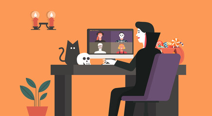 Fototapeta na wymiar Man in Dracula costume having video call to celebrate online holiday and Halloween party on computer at home together with his friends in horror dress, vector flat illustration