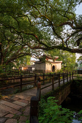 A Chinese historical pavilion under old banyan trees.  The text on the building means  "cultural prosperity". Located in Yantou village, Lishui, Zhejiang, China.