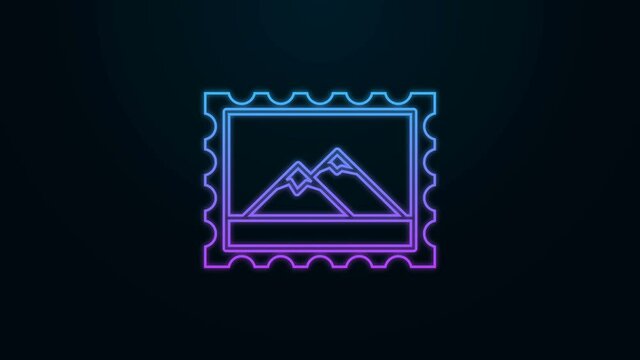 Glowing neon line Postal stamp and Mountains icon isolated on black background. 4K Video motion graphic animation