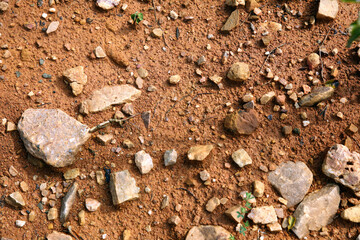 Wet ground, yellow soil, there are many small stones, details of the texture