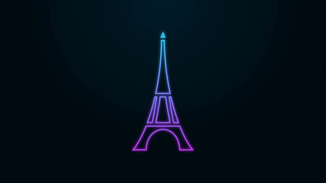 Glowing neon line Eiffel tower icon isolated on black background. France Paris landmark symbol. 4K Video motion graphic animation