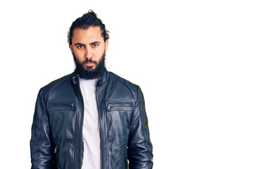 Obraz premium Young arab man wearing casual leather jacket depressed and worry for distress, crying angry and afraid. sad expression.