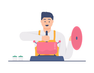 illustration of a man stirring his food. the concept of a chef, cook, waiter, husband. activity in the kitchen. flat design. can be used for elements, landing pages, UI, website, characters