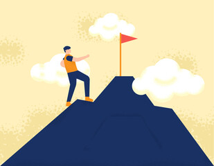 illlsutrasi a man climbs a mountain to get the flag on the top of the mountain. business concept for success, achieving targets or ideals, a journey to number one. flat design. can be used for element