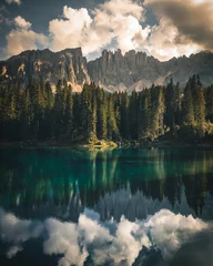 Papier Peint photo Forêt dans le brouillard Carezza lake Lago di Carezza and Mount Latemar in Dolomites Alps Italy in Summer