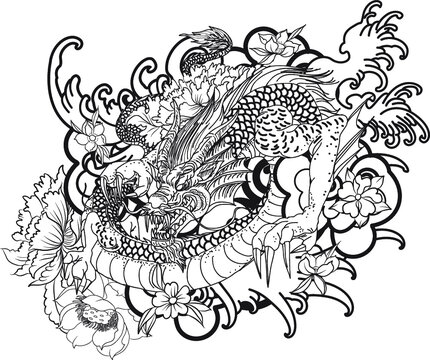 Japanese Dragon tattoo vector and  hand drawn illustration.hand drawn colorful Dragon tattoo, coloring book japanese style