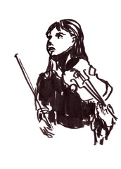 musician girl with violin, graphic black and white drawing on a white background