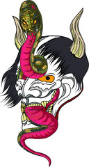 Japanese snake demon tattoo vector and  hand drawn illustration.Hand drawn Oni skull entwined by snake.japanese tattoo ; oni mask and snake tattoo.Japanese Demon mask with king cobra tattoo design.