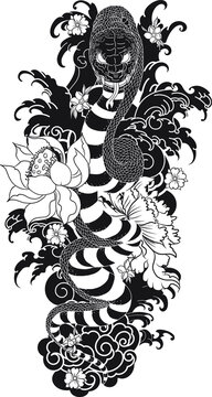 Japanese snake demon tattoo vector and  hand drawn illustration.Hand drawn Oni skull entwined by snake.japanese tattoo ; oni mask and snake tattoo.Japanese Demon mask with king cobra tattoo design.