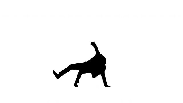 Silhouette Young male doctor in white robe and protective cap doing backspin breakdance and looking at camera at the end.