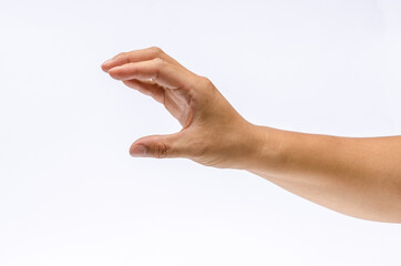 Close up of hand with hoding something. Isolated on white background.