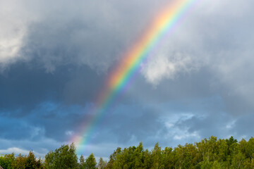 Rainbow against blue sky with dark and white clouds over summer forest