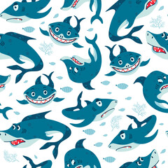 Seamless pattern with Sharks in cartoon style. Comic sharks emotions. Background with funny sea colors for children's room design, clothing, textiles, Wallpaper, digital paper. Vector illustration