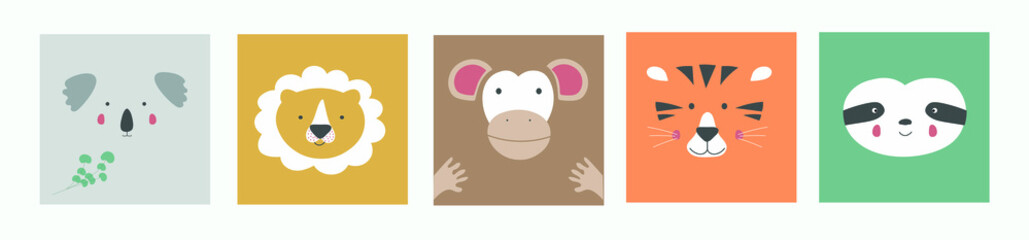 Cute simple portraits of animals, faces of wild animals: bear, Fox, hare, penguin, Panda. Design of children's clothing. Cartoon character. Vector illustration.