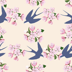 Seamless pattern with a blooming apple and swallows.