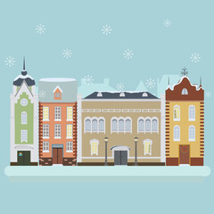 Fototapeta premium Vector illustration with bright winter, New Year's street, houses, phonories, snowflakes.