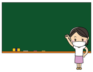 女の子01_11（マスクをして黒板の前に立つ女性）