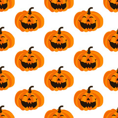 Halloween spooky face orange pumpkin seamless pattern