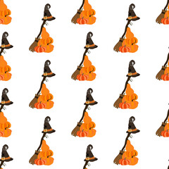 Witch costume broom with hat seamless pattern