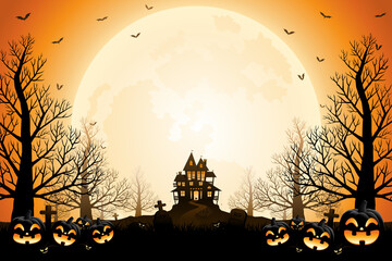 Halloween pumpkins, spooky trees and haunted house with moonlight on orange background. - obrazy, fototapety, plakaty