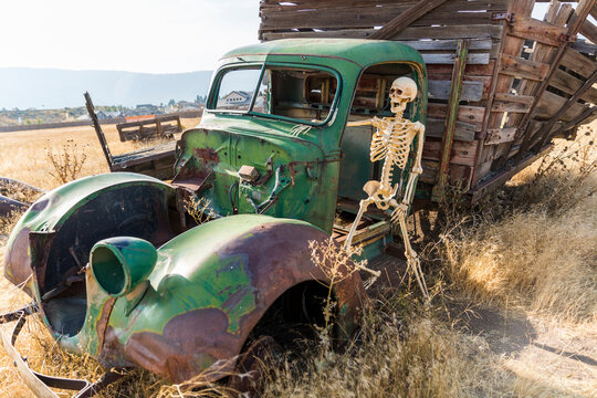 Skeleton Leaning Against An Old Green Truck In A Dead Grass Field