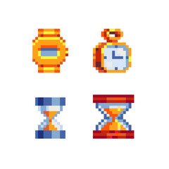 Loading icon, hourglass, stopwatch and golden watches. Pixel art icon set. Stickers design.  Isolated vector illustration. 8-bit sprites. Old school computer graphic style.