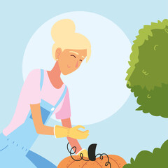 gardener woman cartoon with overall shrub and pumpkin vector design