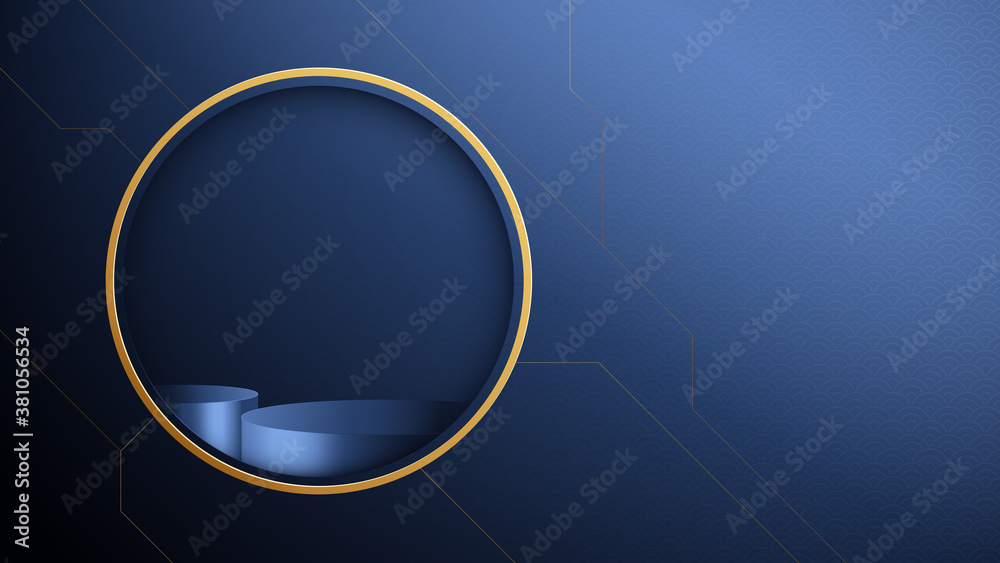 Aufkleber 3d dark blue circle podium display with abstract gold geometric shape luxury concept. vector illustr