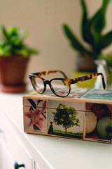 Glasses sitting on a wooden box
