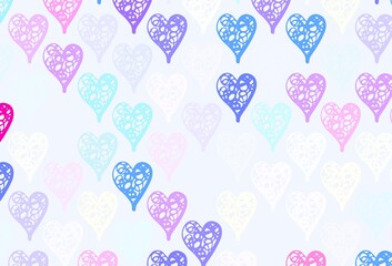 Light Multicolor vector template with doodle hearts.