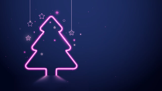 Christmas and New Year. Christmas tree pink neon light and stars on dark blue background. Vector illustration