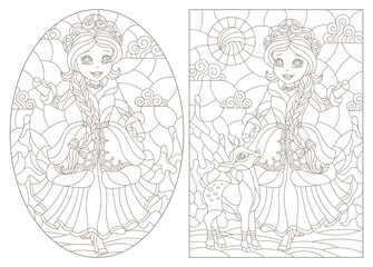 A set of contour illustrations of stained glass Windows with a Princesses on a winter landscape background, dark outlines on a white background