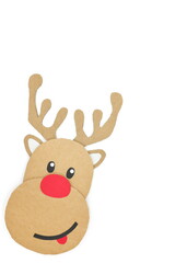 Portrait shot of cute and happy baby reindeer cardboard cutout with red nose peeking on a white background. Christmas is coming and hello december concept. Copy space.