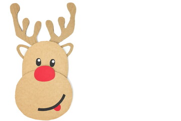 Cute and happy baby reindeer cardboard cutout with red nose isolated on a white background. Christmas is coming concept. Copy space.