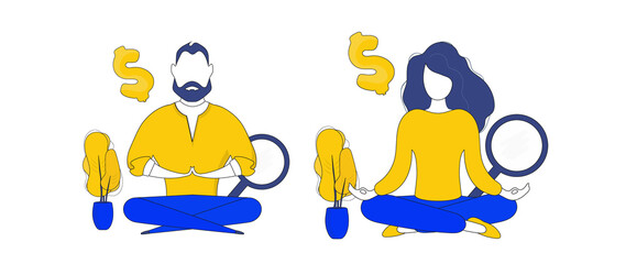 The guy is meditating. The man is doing yoga. Icon for presentation, postcards and applications. Yellow and blue color. Vetkor.