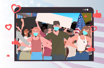 people in masks holding usa flags labor day celebration coronavirus quarantine self isolation concept online communication web browser window horizontal portrait vector illustration