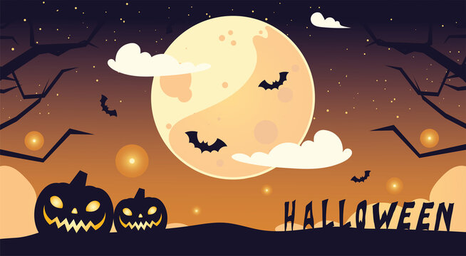 happy halloween pumpkins cartoons in front of moon and bats vector design