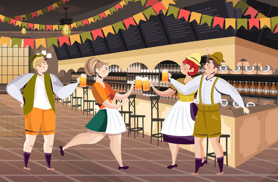 people drinking beer in pub Oktoberfest party celebration concept men women having fun horizontal full length vector illustration