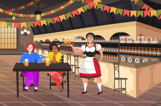 waitress serving beer to mix race couple in bar Oktoberfest party celebration concept friends sitting at table man woman having fun horizontal full length vector illustration